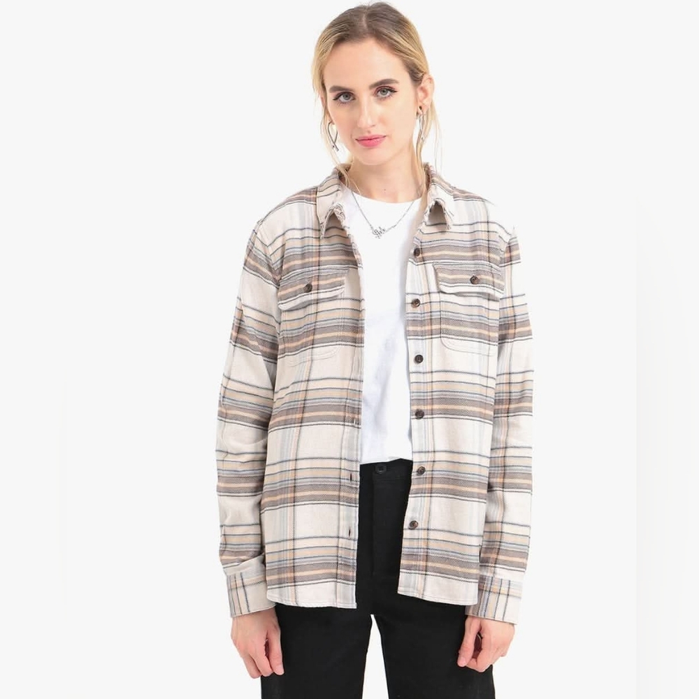 Plaid Button-Up Shirt Jacket in Beige